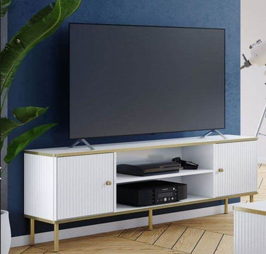 Luxurious Maison White and Gold TV Unit with Two Doors and Open Shelf - UK Luxury Furniture